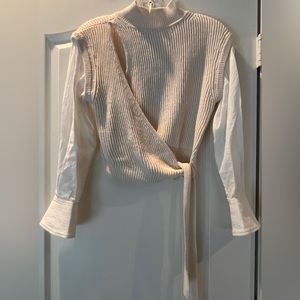 Simkhai knitted top with contrast fabric long sleeve.  Ties at waist.